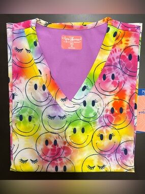NWT Ava Therese Zavate Tie-Dye Smiley V-Neck Scrub Top Multi Size
